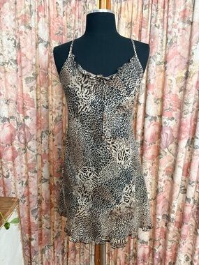 Leopard Print Satin Slip Chemise in Black and Cream